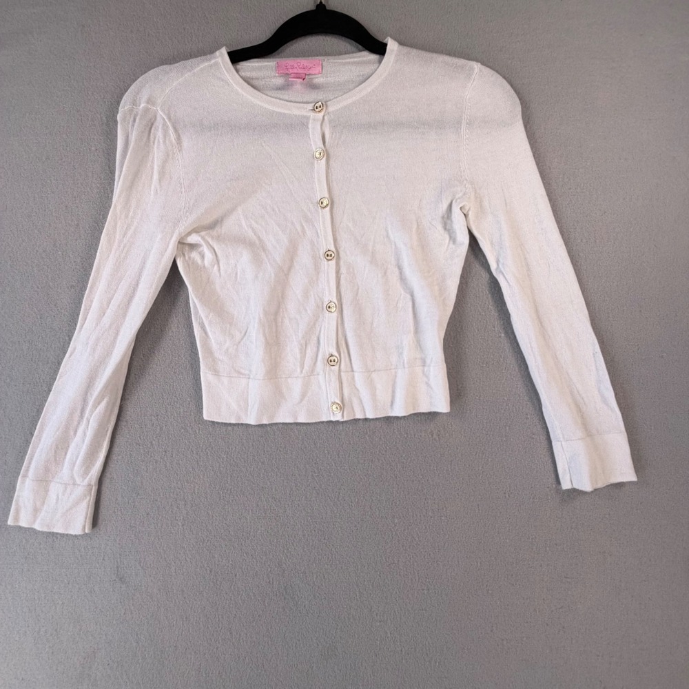 Lilly Pulitzer Womens XS Cropped Cardigan White Preppy Coastal Button Front Knit